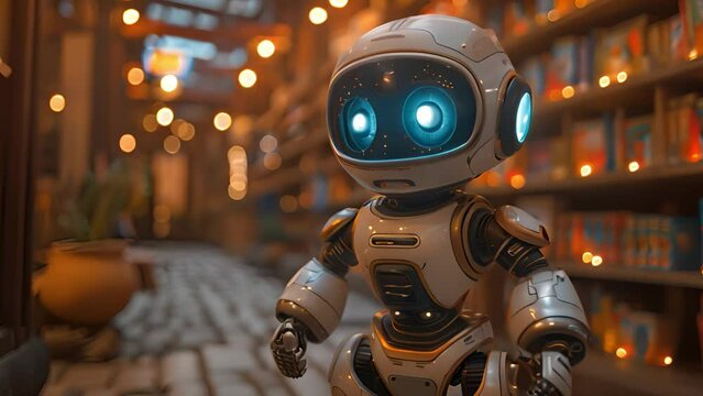 A robot is navigating through shelves of books in a bookstore.