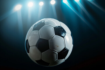 Naklejka premium A soccer ball is in the air, illuminated by bright lights, football and sport concept