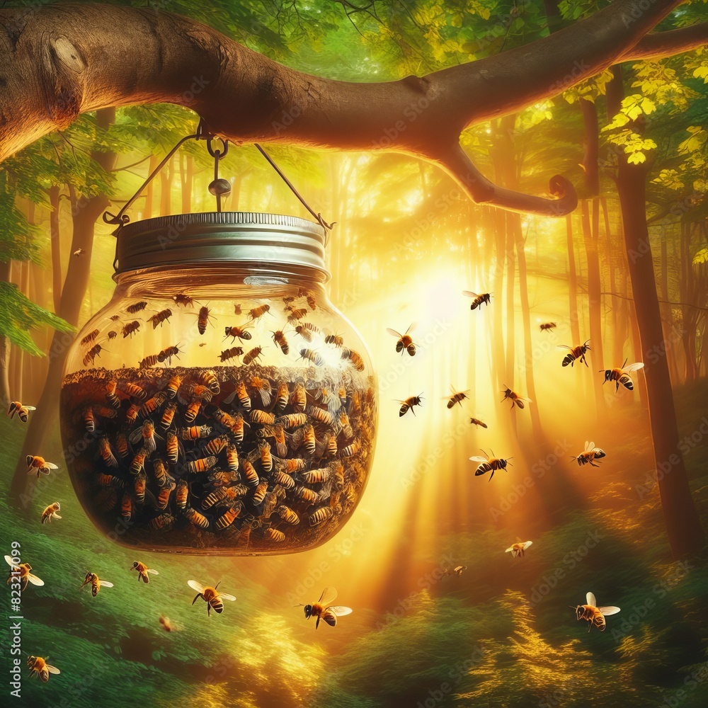 Poster a magical scene depicting a large honey jar surrounded by buzzing bees in an enchanted forest illumi