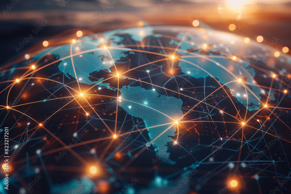 Poster a globe with a network of connected lines surrounding it, networking and worldwide business and tech