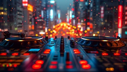 Futuristic City Nightlife DJ Turntables in Full Swing