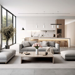 Open space luxury modern living room with kitchen and white furniture