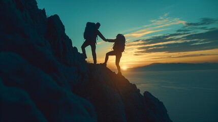 Two people holding hands and working together heading to the top of a mountain where the sunrise rises