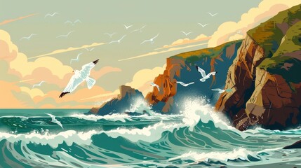 A Coastal Cliff With Waves Crashing Below, Seagulls Circling Overhead, Cartoon ,Flat color