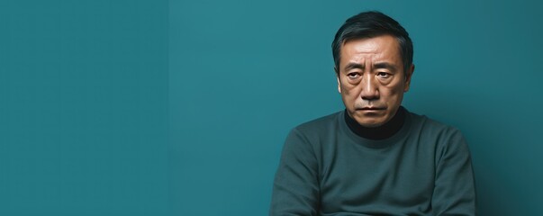 Cyan background sad Asian man. Portrait of older mid-aged person beautiful bad mood expression boy...