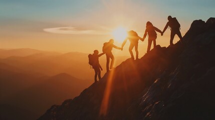 A group of people holding hands and working together to climb a mountain