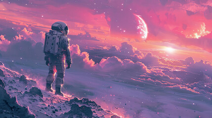Futuristic space explorer, surrounded by purple and blue cosmic elements