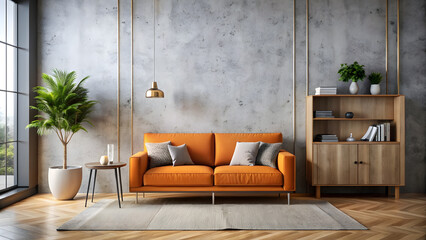 Minimalist Elegant Orange Sofa Against Grey Stucco Wall: Scandinavian Style Living Room. Perfect for: Home Decor Expo, Scandinavian Design Week, Interior Design Show.