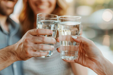 Two people toasting with glasses of water, stay hydrated and drink water © Sunday Cat Studio