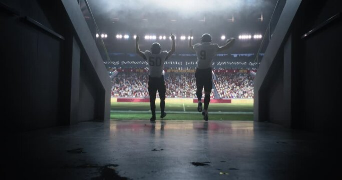 Diverse Professional American Football Players Running Out of the Stadium Tunnel and Making a High Five. Football Players are Welcomed by a Full Arena of Sports Fans in a Big Outdoors Stadium - Powered by Adobe