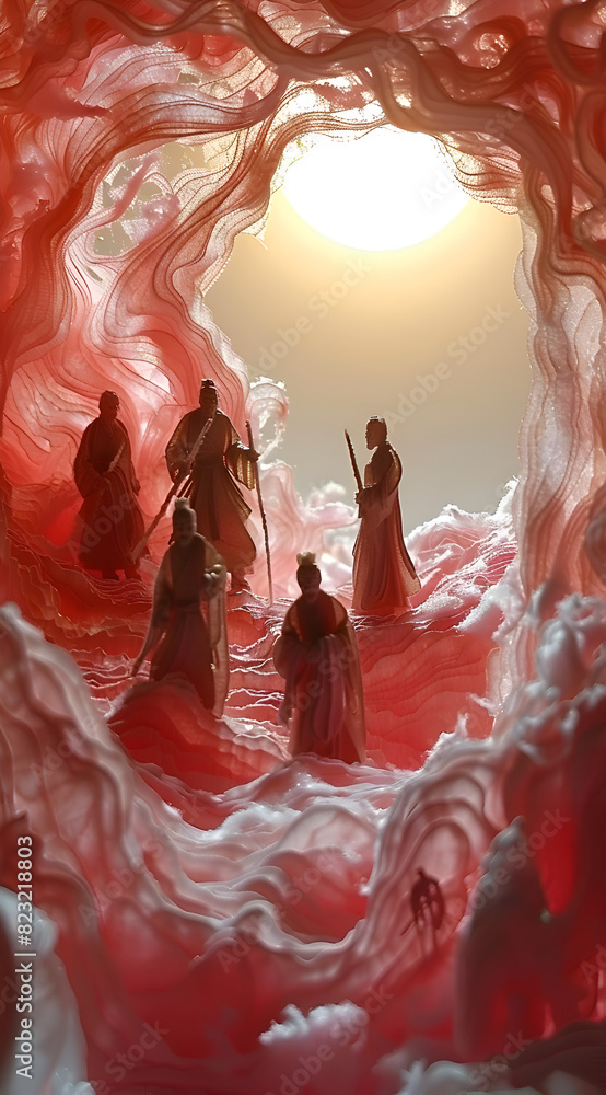 Poster a group of people are walking through a tunnel with a red and white background. the people are dress