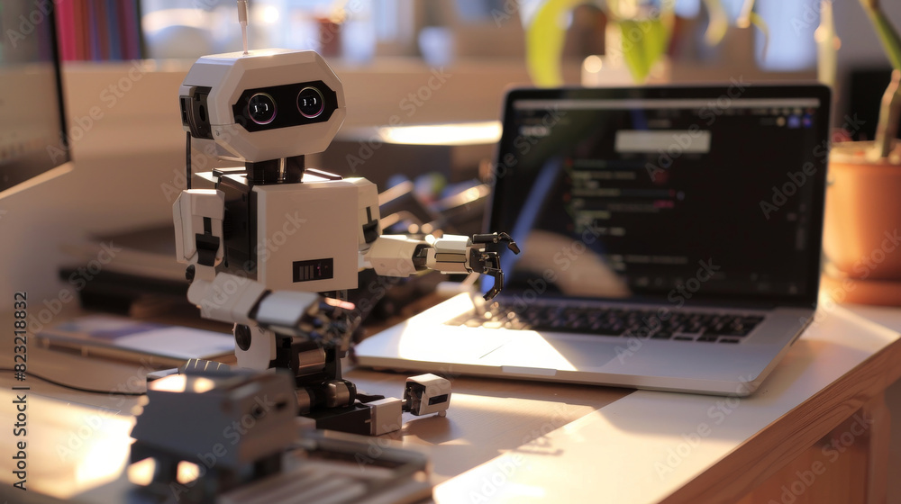 Poster ai assistance robot working on a laptop computer, artificial intelligence technology concept