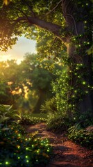 Magical forest pathway illuminated by fireflies and gentle sunlight, creating an enchanting and serene natural scene.