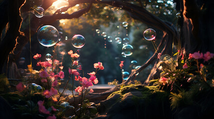 Fantasy landscape with vibrant floating bubbles