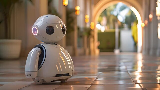 A white robot is sitting on a tile floor, appearing still and inactive in its environment.