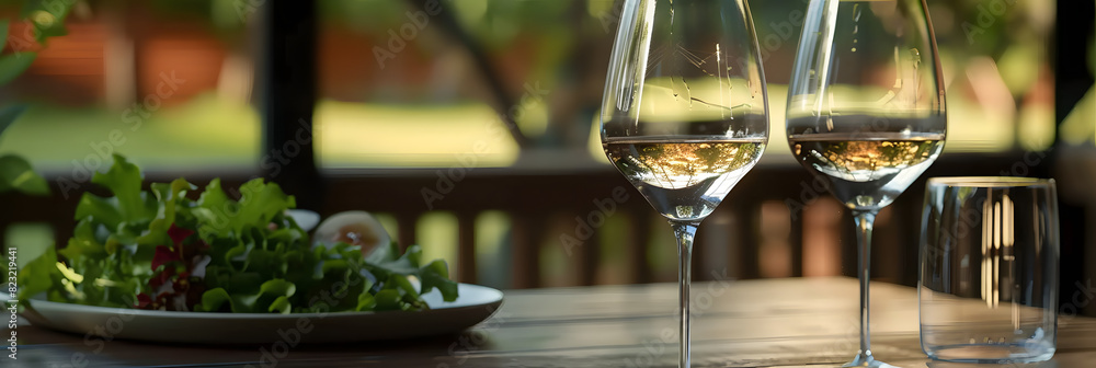 Poster the image features a dining table with three wine glasses placed on top. two of the wine glasses are
