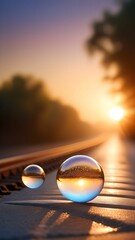 Bokeh bubbles float above glittering paths against the backdrop of a soft sunset.