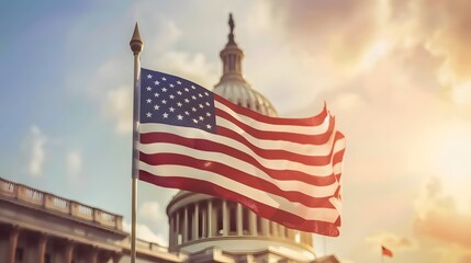 USA flag with government building background
