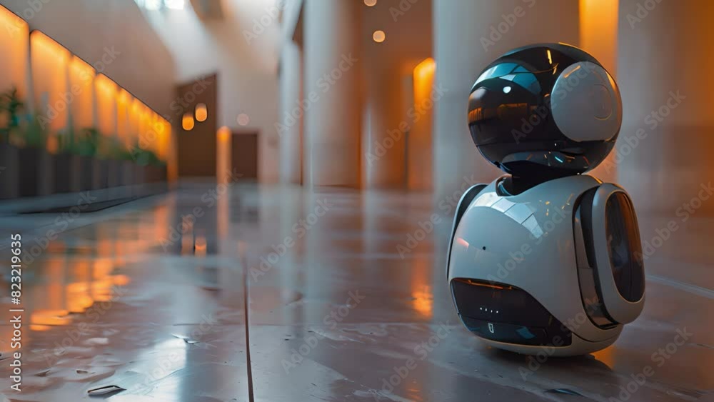 Poster a robot is seen walking down a hallway in a modern building, showcasing advanced technology in a str