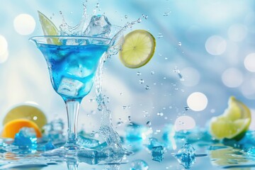Vibrant Citrus Splash in Blue Cocktail Glass Against Bokeh Background