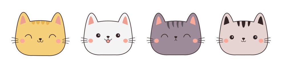 Cat face head icon set line. Contour line doodle. Different emotions, colors. Cute kitten kitty animal. kawaii funny character. Sticker print. Childish style. Flat design. White background. Vector