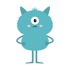 Cute monster standing. Happy Halloween. Blue monsters silhouette icon. One eye, sad face, hands. Cartoon kawaii funny baby character. Childish style. Flat design. White background. Isolated. Vector