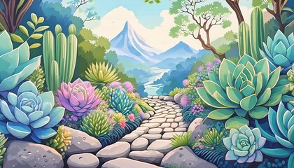 Cactus and Succulent plant garden with stone path along the way to mountain background ,water color 