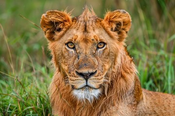 Obraz premium a lion looking directly to camera in african grassland