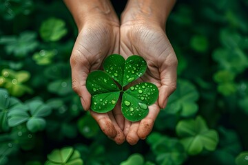 Person holding four leaf clover with water droplets