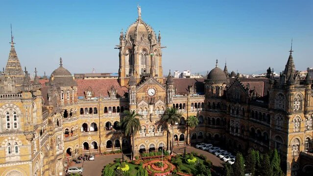 Victoria terminus train station in Mumbai, India, Aerial View. Chhatrapati Shivaji Maharaj Terminus railway station, UNESCO World Heritage Site