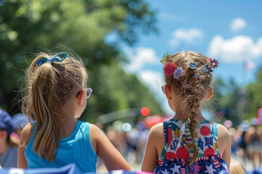 Two young girls holding hands watching parade