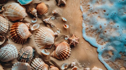 Composition of exotic sea shells on a sand background. set of various mollusk shells isolated on sand background.