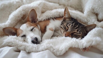 Pets sleep together under white warm blanket on a bed at home. Generative Ai