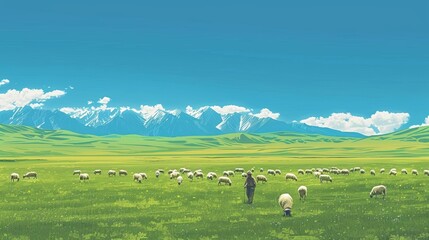 Fototapeta premium illustration of a farmer in a big green field with sheeps