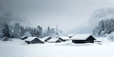 Snowcovered Viking village in a serene winter landscape. Concept Winter Wonderland, Historic Setting, Snowy Landscape, Viking Architecture, Scenic Views