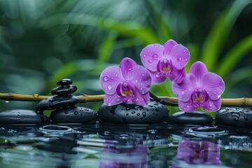 Purple orchids and black stones on reflective surface with water droplets