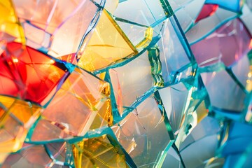 Broken mirror with multi-colored fragments background, rainbow-colored reflections, close-up.