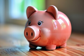 Pink piggy bank on wooden table