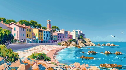 A flat vector illustration of a coastal mediterranean town