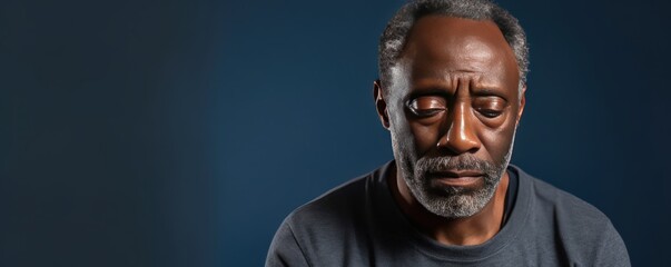 Indigo background sad black American independent powerful man. Portrait of older mid-aged person beautiful bad mood expression isolated on background racism