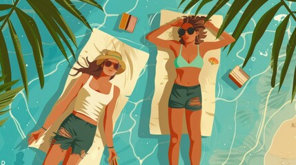 A Couple Lying On A Beach Towel, Reading Books And Soaking Up The Sun, Cartoon ,Flat color