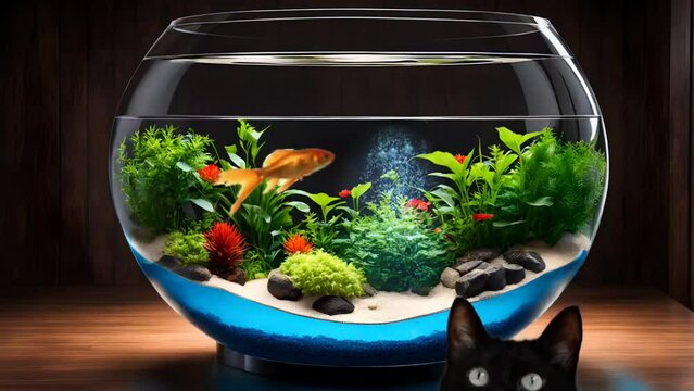 Goldfish in aquarium with a cat. Seamless looping time-lapse 4k video animation background