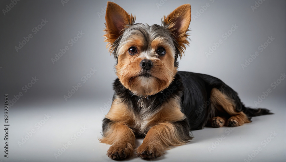 Poster AI generated illustration of a Yorkshire Terrier on a gray background