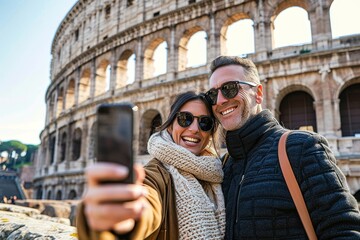 Married couple visiting Colosseum, Rome - Happy tourists visiting Italian famous place - Husband and wife taking selfie picture hanging in a romantic date outside - Tourism lifestyle, Generative AI