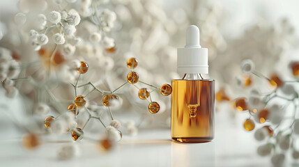 Close-up of a dropper bottle with essential oil and white flowers in the background. - Powered by Adobe
