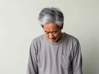 Ivory background sad Asian man. Portrait of older mid-aged person beautiful bad mood expression boy Isolated on Background depression anxiety fear burn out health