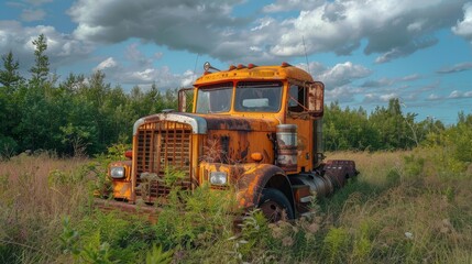 An old red truck is parked in a field of flowers