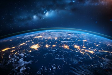 View of earth at night with stars and city lights