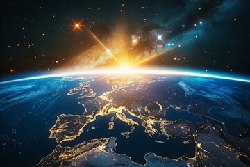Sun rising over europe view from space