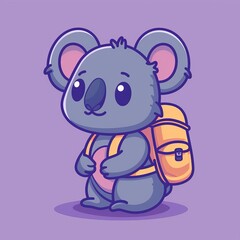 Adorable cartoon koala with a backpack on a purple background. Cute and playful character perfect for kids' designs and products.